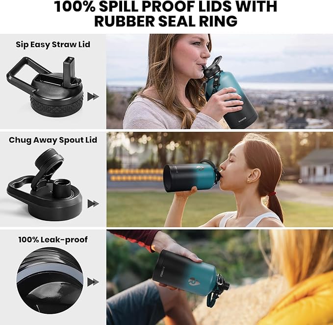 RAYMYLO Insulated Water Bottle 64 oz, Triple Wall Vacuum Stainless Steel (Cold for 48 Hrs), Leak Proof & Non-BPA, Half Gallon Water Flask Jug with Paracord Handle & Straw Spout Lids