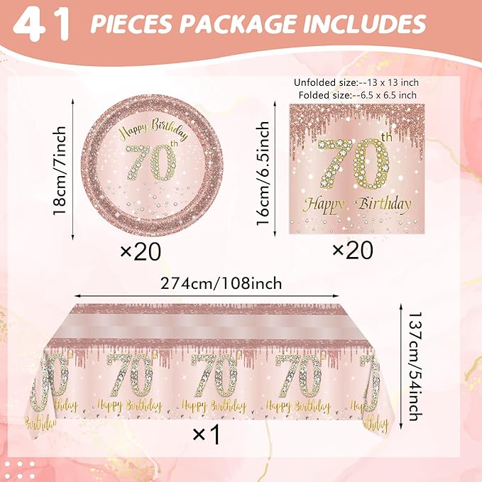 Ryzovo 41Pcs 70th Birthday Decorations, Rose Gold Birthday Party Supplies Include 20Pcs Plates 20Pcs Napkins and 1Piece Tablecloth, Sweet Seventy Year Old Birth Party Tableware for Girl Ladies Women