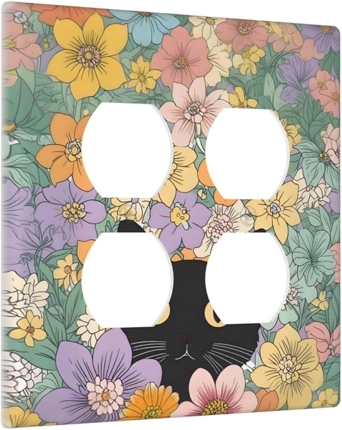 Outlet Covers Funny Cute Cartoon Cat Floral Colorful Flower 2 Gang Double Duplex Decorative Light Switch Covers Electrical Wallplates Socket Faceplate For Kids Room Nursery Decor