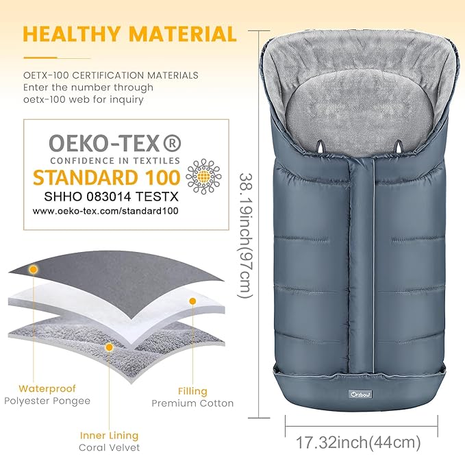 Orzbow Warm Bunting Bag Universal, Stroller Sleeping Bag Cold Weather, Waterproof Toddler Footmuff (Grey, Large)