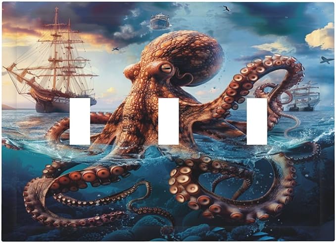 Light Switch Cover Plate Deep Ocean Octopus Sailboat Sea Monster 3 Gang Triple Toggle Decorative Switch Plates Wall Plates Electrical Switchplate Faceplate for Bathroom Bedroom Decor
