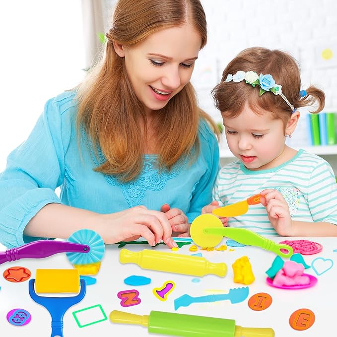 LCY WEDSHI Dough Tool Set, 56 Pcs Dough Tools Sets for Kids Ages 4-8, Dough Accessories Includes Alphabet Numbers Shapes, Cutters Roller, Rolling Pins, Safety Scissors, Plastic Knife