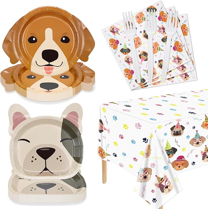 81 Pcs Dog Party Decorations - Including Plates, Napkins, Puppy Tablecloth, Black Plastic Forks for Kids Puppy Dog Themed Birthday Party Supplies, Serve 20