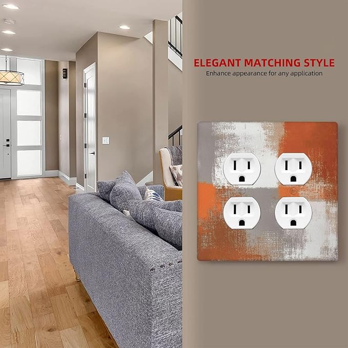 Orange Grey Abstract Art Oil Painting Outlet Covers 2 Gang Double Duplex Decorative Light Switch Covers Electrical Wallplates Socket Faceplate For Home Farmhouse Decor
