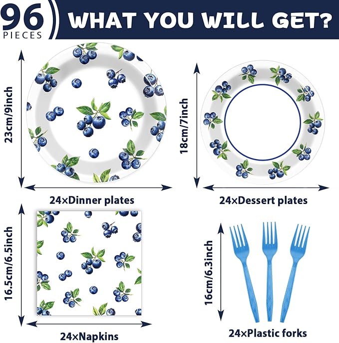 Wiooffen 96 Pcs Blueberry Party Plates Napkins Tableware Set Blueberry Baby Shower Supplies Summer Happy Birthday Disposable Dinnerware Berry Themed Decoration Favors for Spring Party, 24 Guests