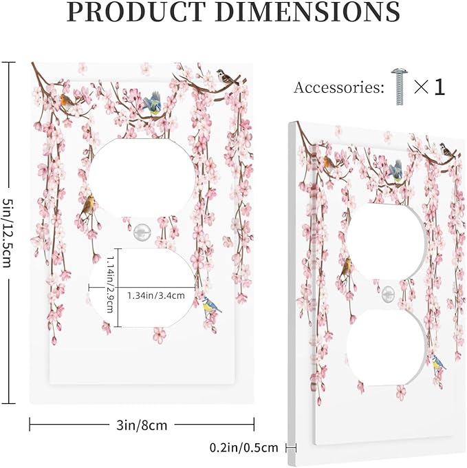 Pink Cherry Blossom Flower Vine Floral Tree Branch Birds Outlet Covers 1 Gang Duplex Light Switch Cover Decorative Switch Plates Electrical Receptacle Faceplate Wall Plate for Bedroom Living Room