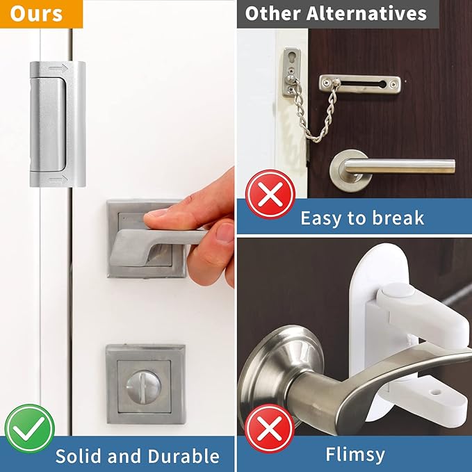 Home Security Door Reinforcement Lock Safety Latch Extra Front Doors Security Devices, Anti Door Kick in Safety Protector for Door Inside, Child Proof Aluminum Locks Silver 2Pack