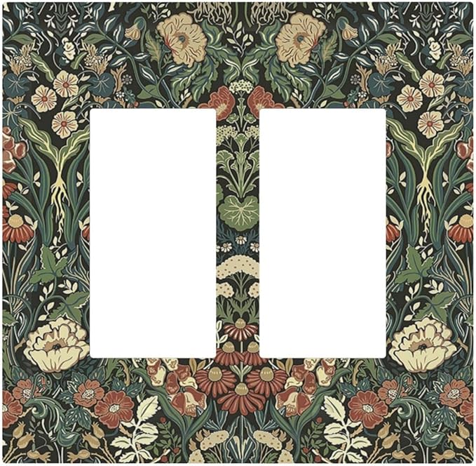 Decorative Outlet Covers Vintage Dark Floral William Morris Green Flower 2 Gang Double GFCI Rocker Electrical Wall Panels Light Switch Cover Plate for living Room Home Decor