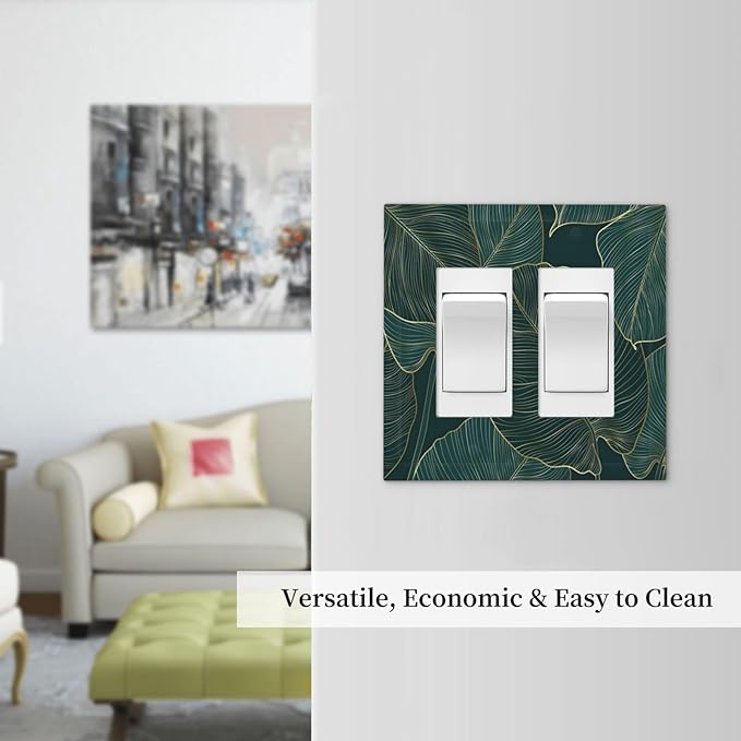 Gold Tropical Green Botanical Palm Leaves Decorative Outlet Covers 2 Gang Double GFCI Rocker Electrical Wall Panels Light Switch Cover Plate for Bedroom Living Room Decor
