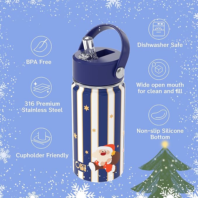 OISIZ Christmas Water Bottle for Kids,14oz Insulated Cup with Straw Lid,316 Stainless Steel Bottles for School,Insulated Tumbler for Holiday Gifts for Kids,Keep Cold for 24 Hours