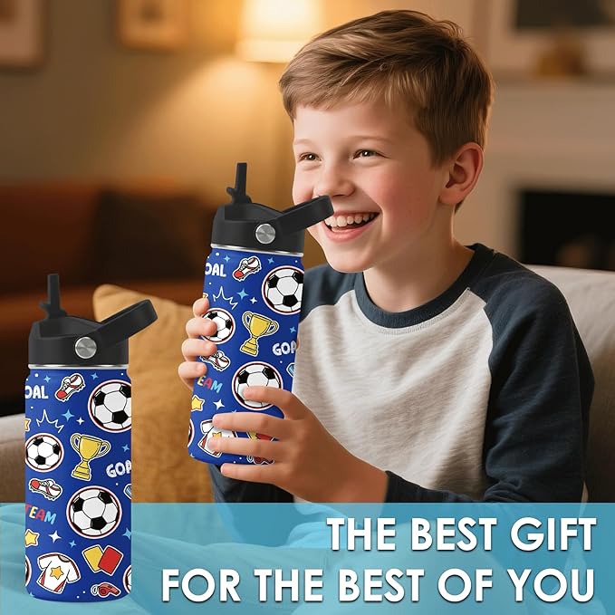Soccer Gifts for Kids - 16 Oz Kids Water Bottle with Straw Lid, Stainless Steel Insulated Tumbler, Leak Proof, BPA-Free, for Girls, School, Travel - Soccer Lovers Children Birthday Gifts Cups(1pc)