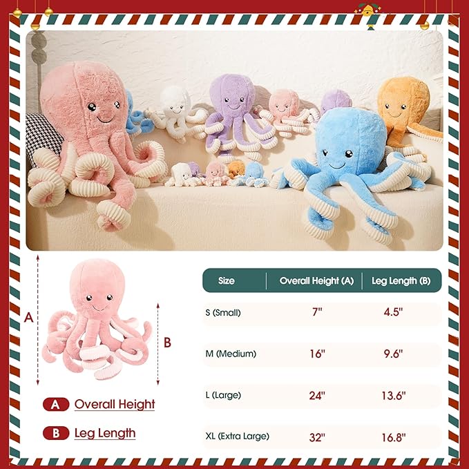 DENTRUN Octopus Stuffed Animals, Giant Octopus Plush Doll Play Toys for Kids Girls Boys Adults Birthday Xmas Halloween Present Stuffed Sea Animals Plushie, 7/16/24/32 Inches, 5 Colors