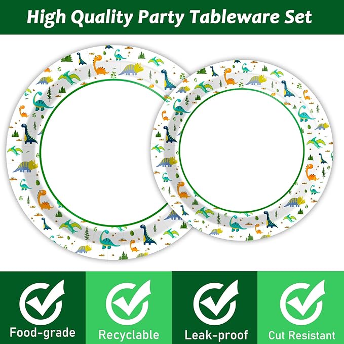 Wiooffen 96 Pcs Dinosaur Party Plates Napkins Watercolor Dinosaur Paper Tableware Supplies Set Cartoon Dino Disposable Dinnerware Decoration for Birthday Party Baby Shower, 24 Guests