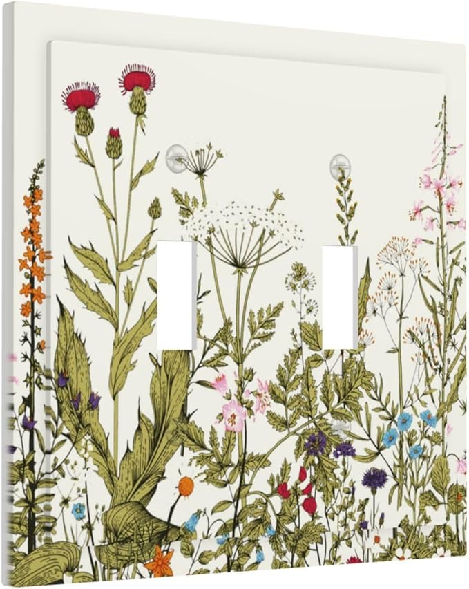Colorful Boho Vintage Wildflower Rustic Flowers Floral Decorative 2 Gang Light Switch Cover Country Bloom Border Electrical Dual Device Double Toggle Outlet Switch Face Wall Plate Cover for Dimmer