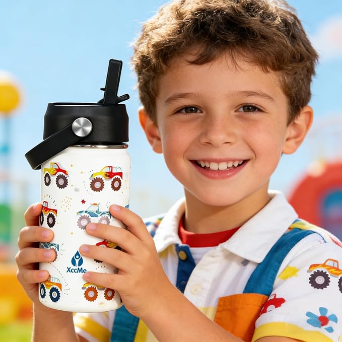 14oz Truck Kids Water Bottle With Straw Lid,Insulated Double Wall Leak Proof & BPA-Free Kids Water Bottle,Stainless Steel Tumbler for Toddlers,Metal Bottle for School Boys Girls