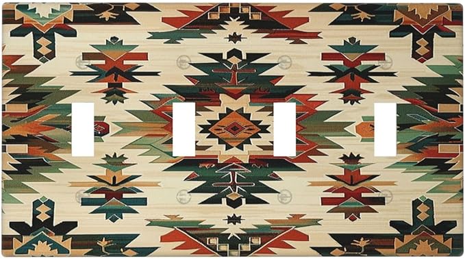 Light Switch Covers Southwest Rustic American Indian Aztec Boho Quad Toggle Electrical Faceplate 4 Gang Wall Plate Decorative Switch Plates for Bed Room living Room Decor