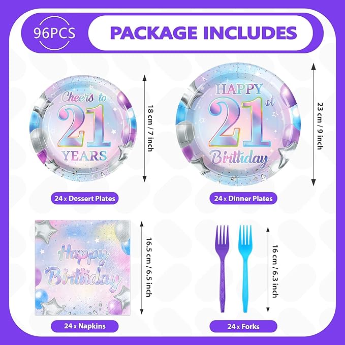 Grencian 96Pcs 21st Birthday Decorations Iridescent 21st Birthday Party Plates Disposable 350GSM Cheers to 21 Years Paper Tableware Set for Girls Women 21 Years Old Party Supplies Serves 24