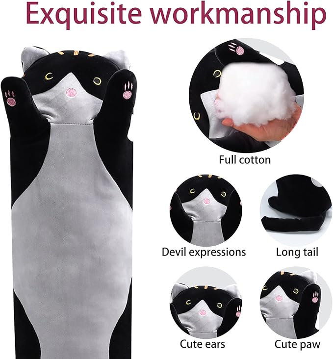 shangman Lovely Plush Cat Doll Cute Cartoon Soft Stuffed Kitten Pillow Long Throw Sleeping Pillow Doll Toy Valentines Day Gift for Kids Girlfriend (Black, 110cm/43.3in)