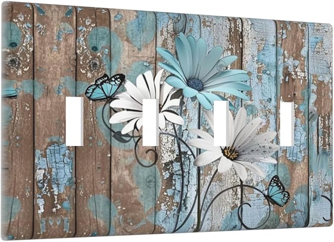Light Switch Covers Rustic Flower Teal Turquoise Daisy Butterfly Quad Toggle Electrical Faceplate 4 Gang Wall Plate Decorative Switch Plates For Farmhouse Cabin Decor
