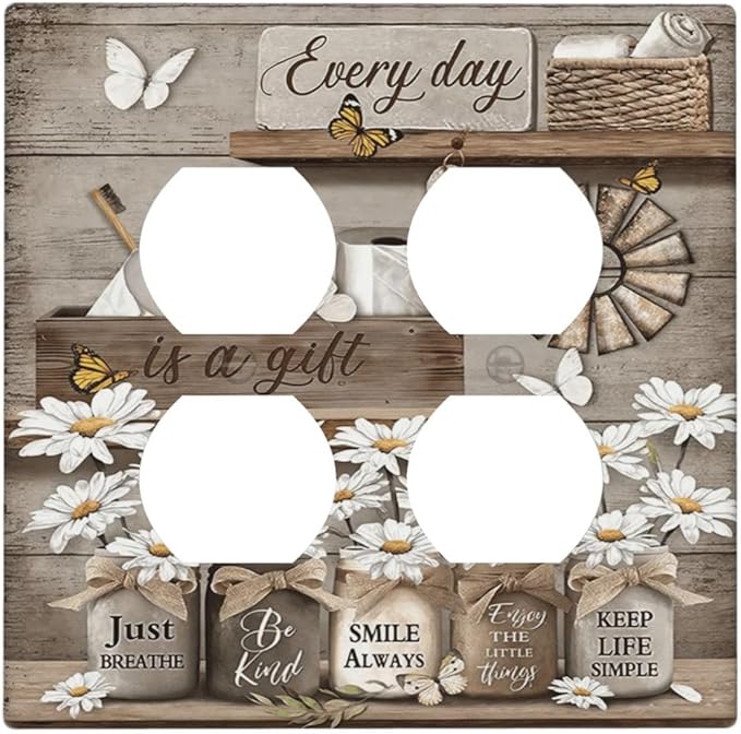 Rustic Daisy Flower Butterfly Inspirational Cottage Outlet Covers 2 Gang Double Duplex Decorative Light Switch Covers Electrical Wallplates Socket Faceplate for Farmhouse Bedroom Decor