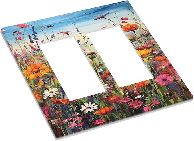 Colorful Wildflowers Painting Floral Flower Decorative Outlet Covers 2 Gang Double GFCI Rocker Electrical Wall Panels Light Switch Cover Plate for Bedroom Living Room Decor