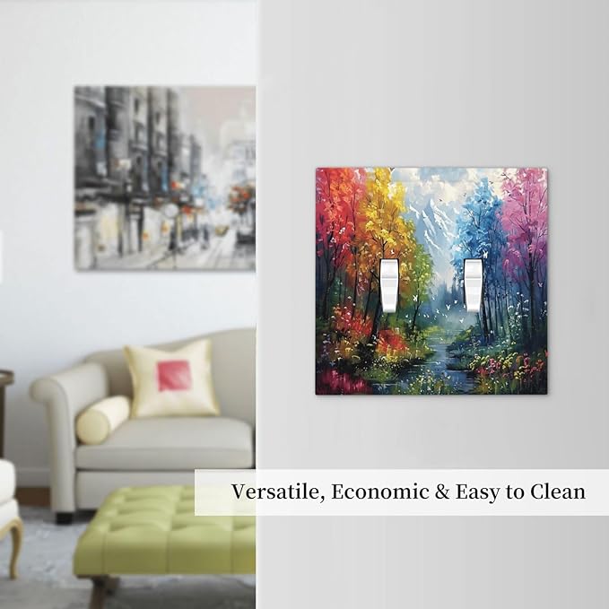 Colorful Forest Snow Mountain River Oil Painting Style Decorative Switch Plates 2 Gang Double Toggle Outlet Light Switch Cover Wall Plate Electrical Faceplate for Bedroom Living Room Decor