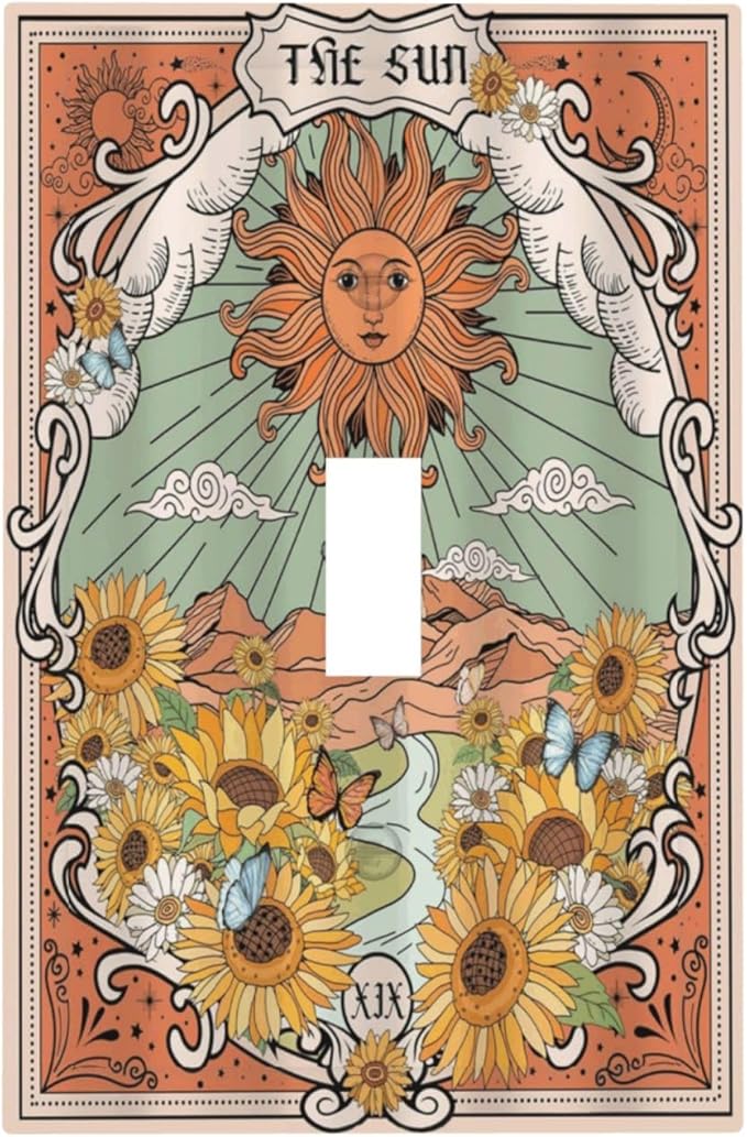 Boho Retro Sun Sunflower Vintage Flower Butterfly Decorative Light Switch Cover 1 Gang Single Toggle Device Electrical Faceplate Switchplates Decorator Outlet Wall Plate for Farmhouse Home Decor