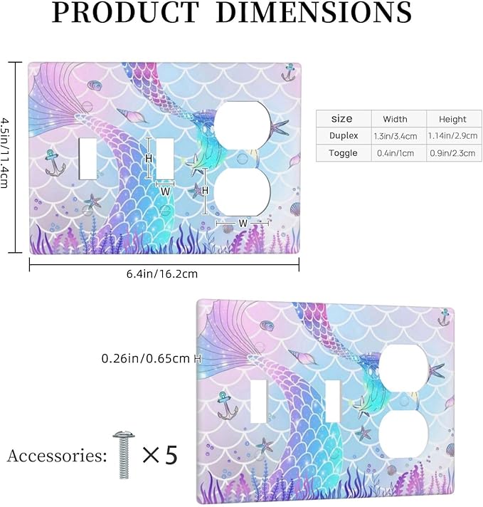 Cartoon Pink Girl Mermaid Scales Tail 3 Gang 2 Toggle 1 Duplex Combination Light Switch Plate Decorative Triple Toggle Wall Plate Cover Electrical Faceplate Switch Face Plate