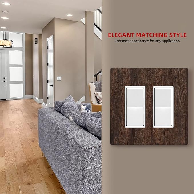 Decorative Outlet Covers with Rustic Dark Wood Grain & Vintage Style Design 2 Gang Wall Plate Double Rocker Light Switch Cover Switch Plate Cover for Kitchen/Living Room