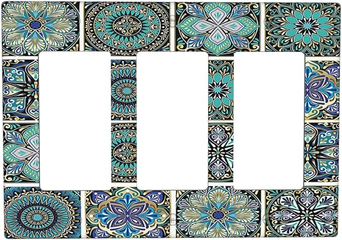 Light Switch Covers Mandala Decorative Rustic Vintage Turquoise Pattern 3 Gang Rocker Electrical GFCI Decorative Triple Outlet Wall Plate Cover Switchplate for Bedroom Bathroom Decor