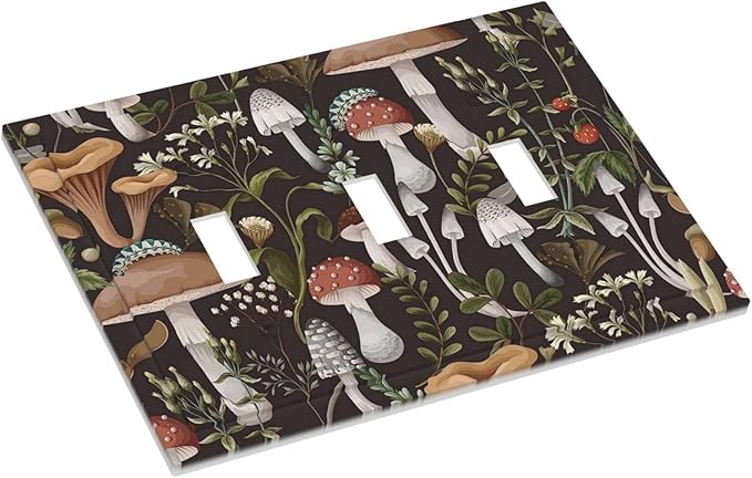 Cute Funky Black Boho Hippie Bohemian Mushroom Vintage Aesthetic Botanical Plant Floral Leaves 3 Gang Three Device Mid Size Plug Socket Wall Plate Triple Toggle Outlet Light Switch Plate Cover Dimmer