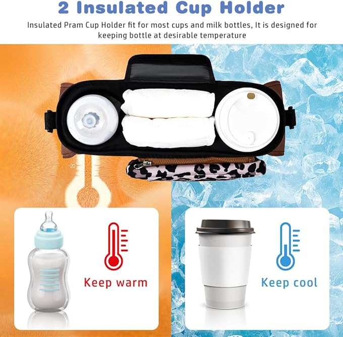 Baby Stroller Organizer, Universal Stroller Organizer with Detachable Phone Bag, Stroller Caddy with 2 Insulated Cup Holders, Buggy Organizer Bag with 2 Hooks Fits Most Strollers (Leopard)