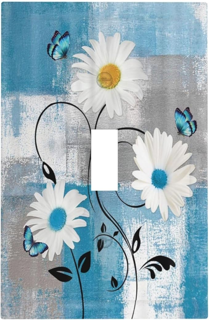 Rustic Daisy Teal Blue Floral Vintage Plant 1 Gang Light Switch Covers Single Toggle Wall Plate Decorative Switchcover Electrical Switchplate for Farmhouse Bathroom Bedroom Decor