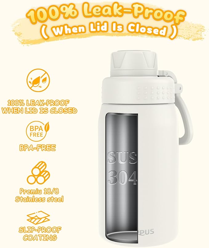 GOPPUS 15oz Kids Water Bottle with Spout Lid, Toddler Water Bottle, Stainless Steel Insulated Water Bottle, Leakproof, BPA Free, Suitable for Boys and Girls for School（Warm White）