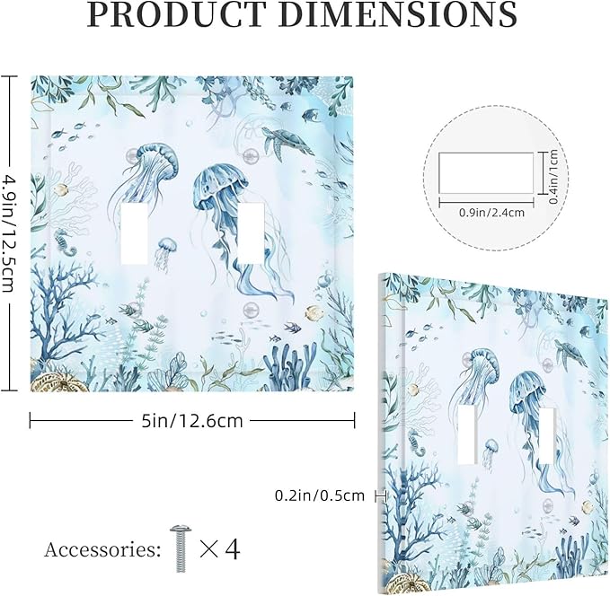 Decorative Switch Plates Jellyfish Teal Blue Ocean Turtle Coastal Beach 2 Gang Double Toggle Wall Plate Outlet Light Switch Cover Electrical Faceplate for Bedroom Bathroom Decor