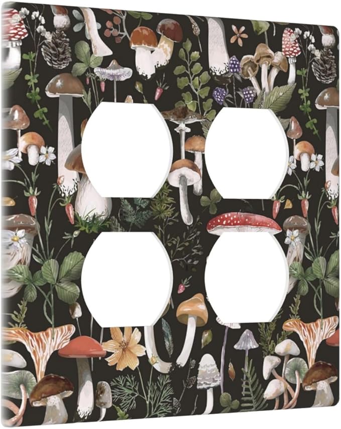 Cute Vintage Gothic Black Boho Floral Mushroom 2-Gang Device Duplex Wall Plate, Plant Fungus Forest Botany Tree Decorative Two Gang Double Duplex Receptacle Socket Outlet and Light Switch Cover Plate