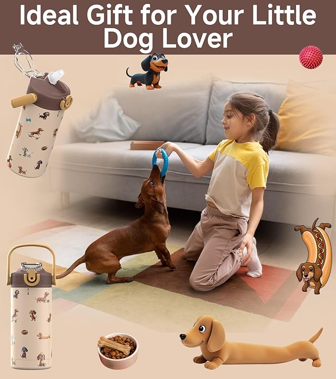MYFOREST 14oz/400ml Insulated Kids Water Bottle, Odor-Free Surgical Grade Liner, Dishwasher-Safe, Name Spot, Soft Sipper, Gift for Dog Person (Beige. Dachshunds)