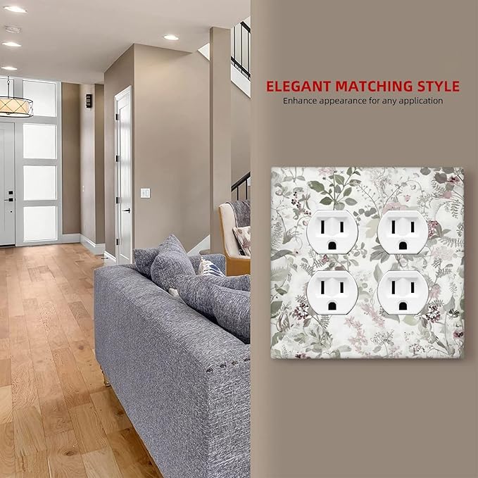 Boho Floral Leaf Vintage Watercolor Flower Outlet Covers 2 Gang Double Duplex Decorative Light Switch Covers Electrical Wallplates Socket Faceplate for Farmhouse Bedroom Decor