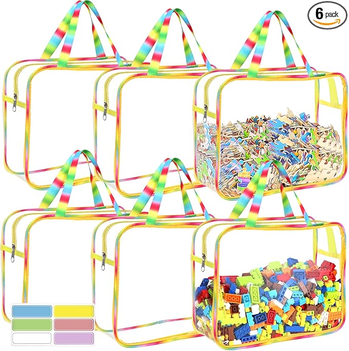 6 Packs Large Toy Storage Bags with Labels, Reusable Clear PVC Board Game Storage, Travel Waterproof Organizer Bags with Zipper Large Capacity (Gradient Color)