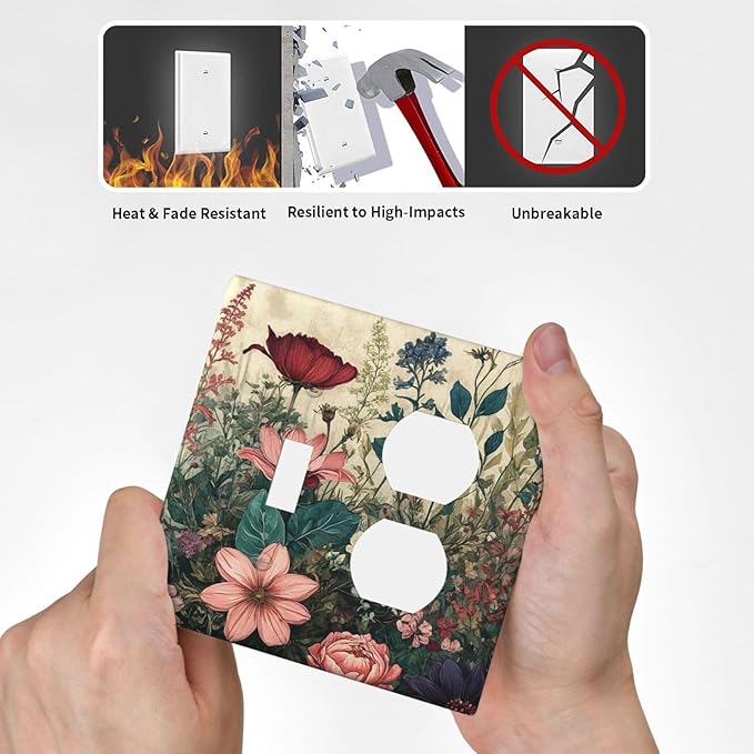 Decorative Outlet Covers Rustic Wildflower Red Floral Green Plant 2 Gang Wall Plate Cover Single Toggle Duplex Combo Two Switch Light Switch Cover Plate Jumbo Dual Face Plate