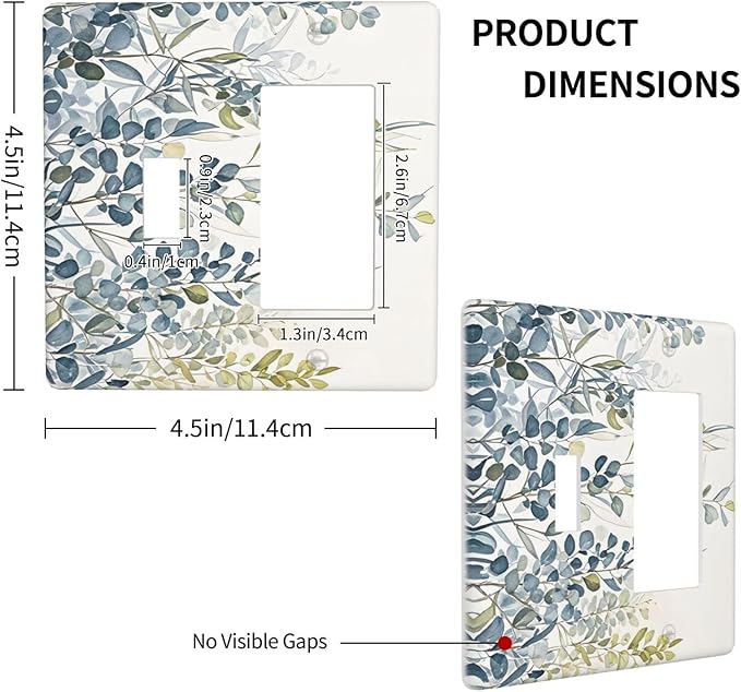 Decorative Toggle Switch Cover Plate with Green & Blue Watercolor Eucalyptus Botanical Foliage Design 2-Gang 1-Gang Standard Wall Plate Light Switch Cover for Contemporary Living Room Decor