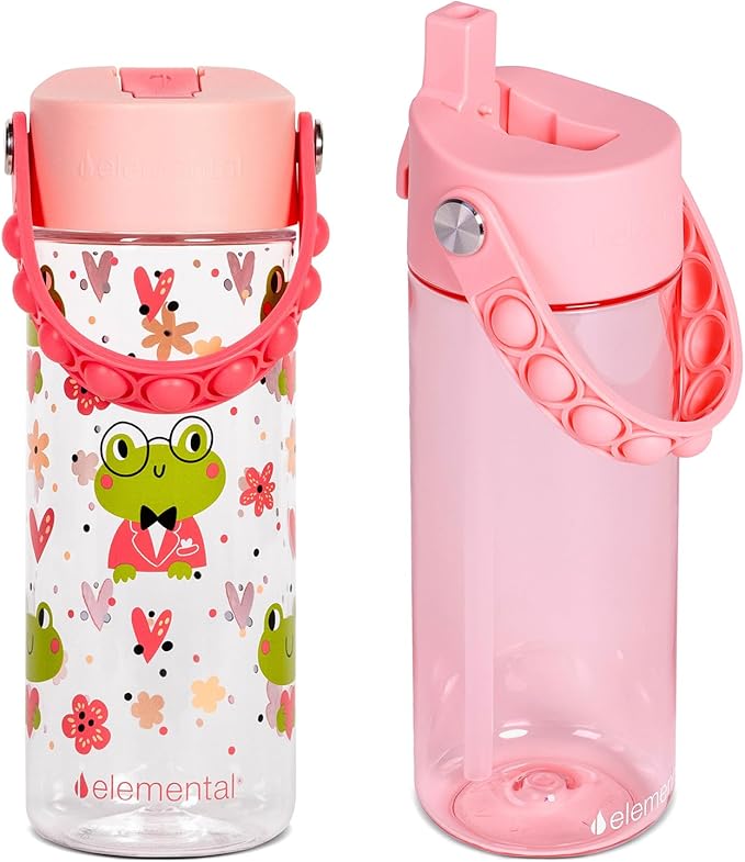 Elemental Leak Proof Water Bottles for Kids - Splash Kids Water Bottle for School with Pop-it Handle - Tritan Plastic Water Bottle with Straw - Fancy Frog Clear & Rose - 18oz (2 Pack)