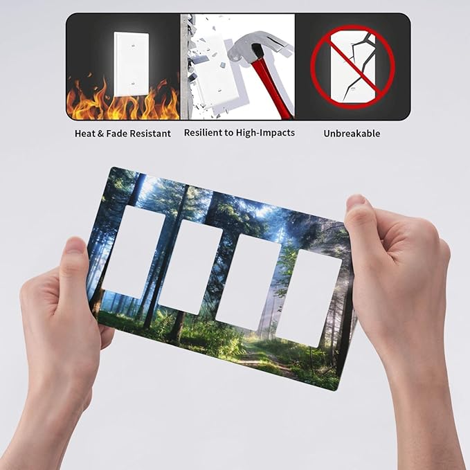Green Landscape Forest Tree 4 Gang Quad Rocker Light Switch Cover Plate Decorative Electric Faceplate Switchplate Living Room Bedroom Decorate Jumbo Screwless