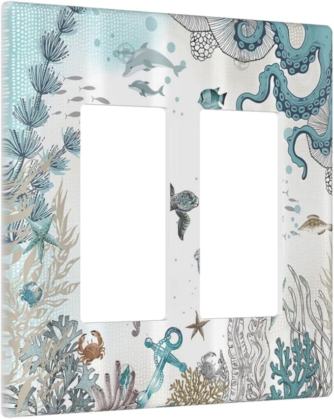 Sea Turtle Octopus Ocean Underwater Animal 2 Gang Rocker Decora Light Switch Covers Decorative Unique Dual Outlet Covers Wall Plate Electrical Faceplate Switchplate GFCI for Bedroom Bathroom Decor