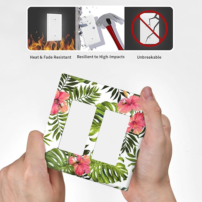Tropical Plant Green Palm 2 Gang Double Rocker/Decora Light Switch Cover Decorative Wallplate Banana Leaves Pink Flower Rainfores Jungle Botanical Gfci Electrical Faceplate Home Bedroom Art Decor