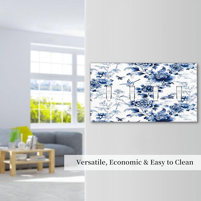 Blue Flower White Floral Plant Bird Butterfly Light Switch Covers Quad Toggle Electrical Faceplate 4 Gang Wall Plate Decorative Switch Plates Cover for Bedroom Living Room Decor
