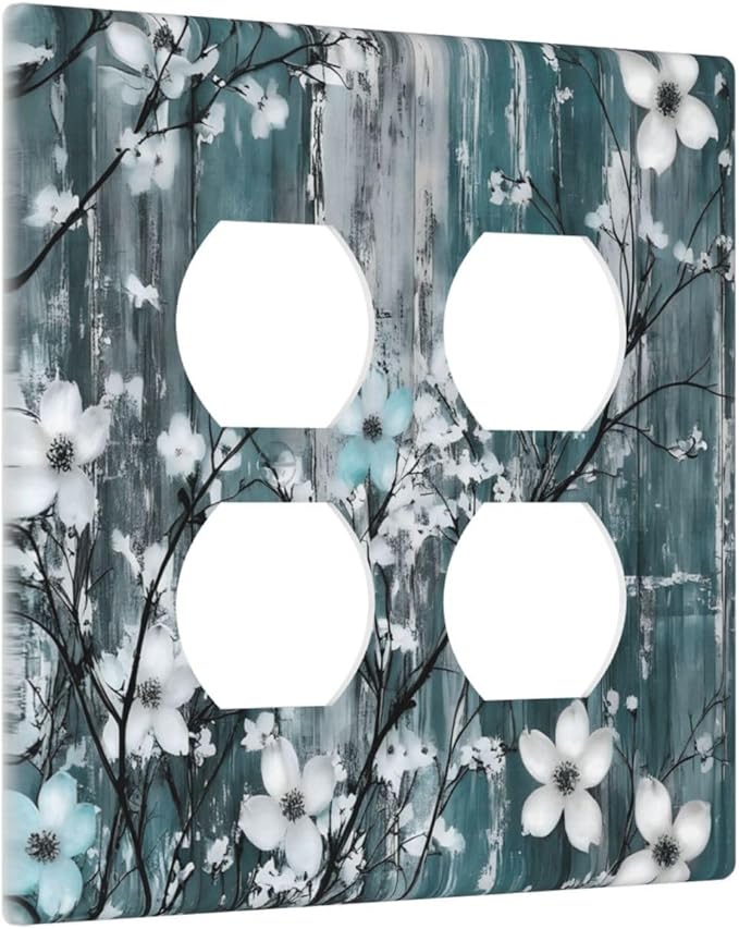 Rustic Blue Watercolor Flower Wooden Background Outlet Covers 2 Gang Double Duplex Decorative Light Switch Covers Electrical Wallplates Socket Faceplate for Bedroom Living Room Decor