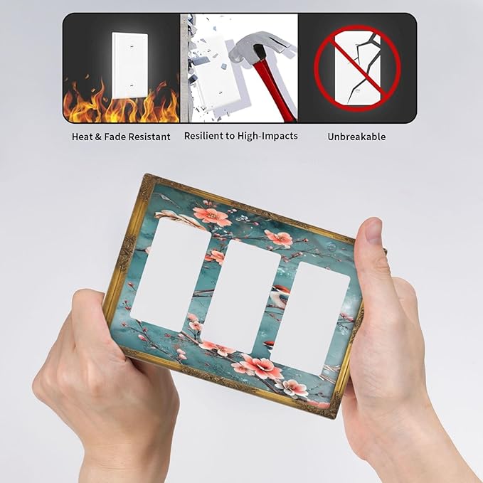 Decorative Art Light Switch Covers Birds on Branches 3 Gang Triple Rocker Outlet Switch plate GFCI Faceplate GFCI for Home Decor