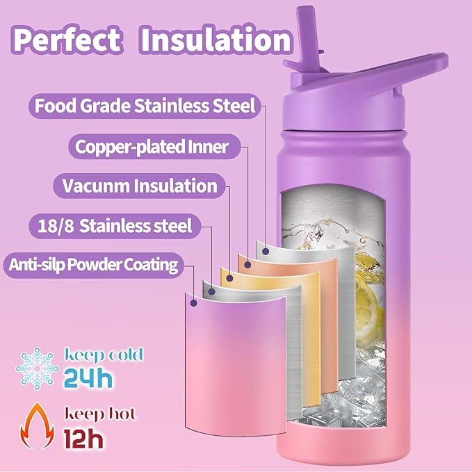 Mininoo Kids Water Bottle for School, 16oz Insulated Stainless Steel Water Bottle Kids with Straw Lid for Girls（Purple/Pink）