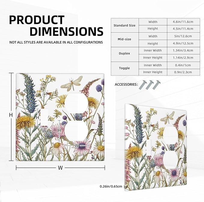 Light Switch Cover Plate Botanical Wildflowers Dragonfly Colorful Floral 2 Gang Decorative Switch Plates 1 Toggle Duplex Combo Outlet Covers GFCI Wall Plates for Bathroom Bedroom Decor